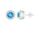 7mm Round Swiss Blue Topaz And White Topaz Accent Rhodium Over Sterling Silver Halo Stud Earrings