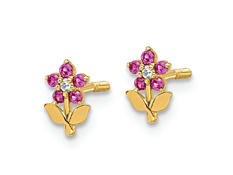 14K Yellow Gold Polished Dark Pink and White Cubic Zirconia Stone Flower Stud Earrings