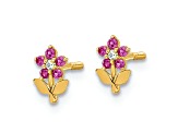 14K Yellow Gold Polished Dark Pink and White Cubic Zirconia Stone Flower Stud Earrings