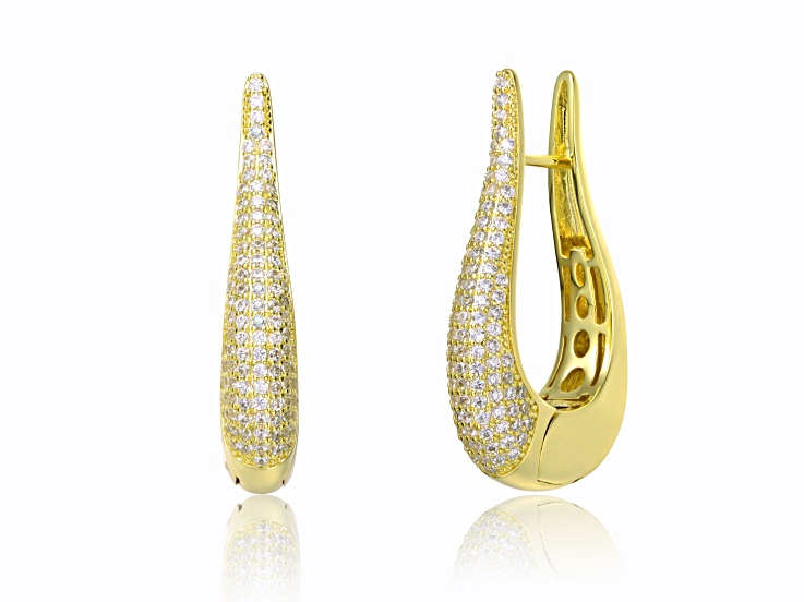 Clear Cubic Zirconia, 14k Gold Plated over Brass Oblong Oval Raindrop Hoop Earrings