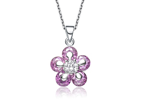 Pink and Clear Cubic Zirconia, Rhodium Plated over Sterling Silver Flower Necklace