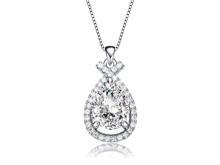 Clear Cubic Zirconia, Rhodium Plated over Brass Pear Shaped Pendant Necklace