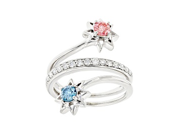 Picture of Pink, Blue And White Lab-Grown Diamond 14k White Gold Flower Bypass Ring 0.75ctw