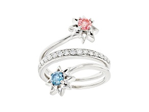 Pink, blue and white lab-grown diamond 14k white gold flower bypass ring 0.75ctw