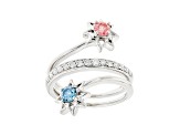 Pink, Blue And White Lab-Grown Diamond 14k White Gold Flower Bypass Ring 0.75ctw