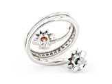 Pink, Blue And White Lab-Grown Diamond 14k White Gold Flower Bypass Ring 0.75ctw