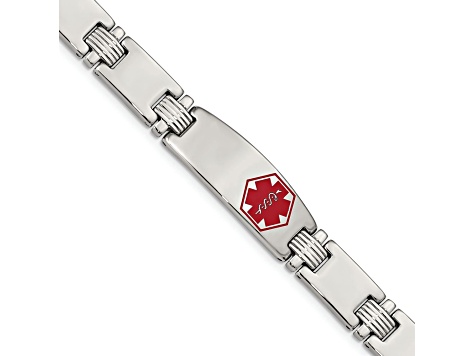 Stainless Steel Polished and Brushed Red Enamel 8.25-inch Medical ID Bracelet