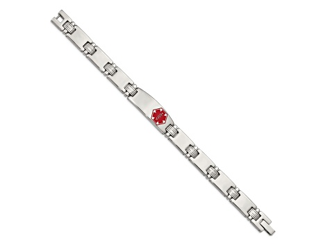 Stainless Steel Polished and Brushed Red Enamel 8.25-inch Medical ID Bracelet