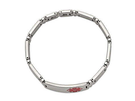 Stainless Steel Polished and Brushed Red Enamel 8.25-inch Medical ID Bracelet