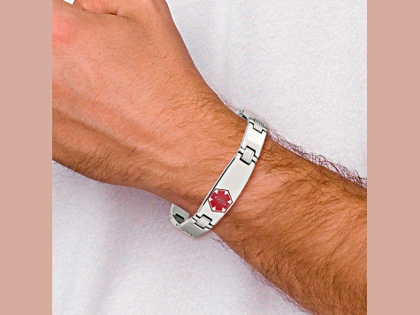 Stainless Steel Polished and Brushed Red Enamel 8.25-inch Medical ID Bracelet