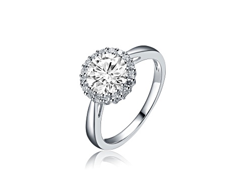 Clear Cubic Zirconia, Rhodium Plated over Sterling Silver Halo Solitaire Ring