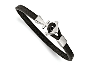 Black Leather and Stainless Steel Polished Anchor 8-inch Bracelet