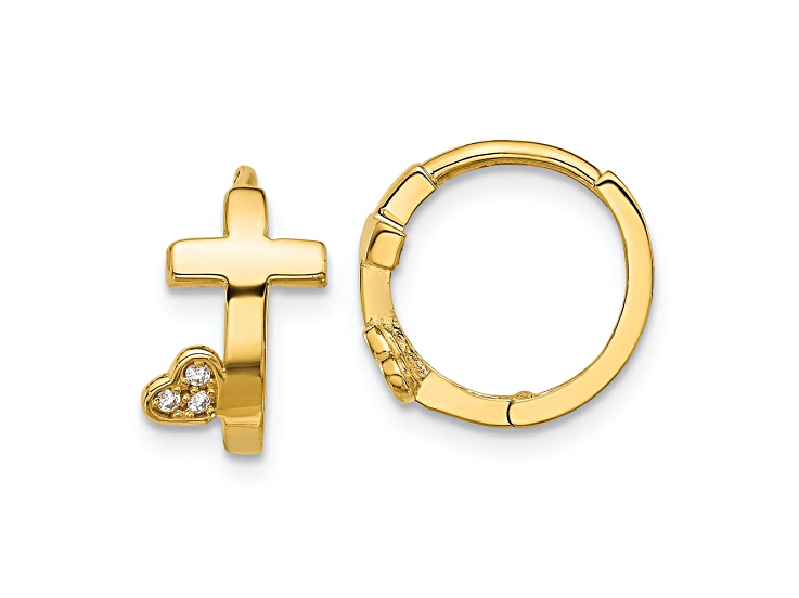 14k Yellow Gold Polished Cross with Cubic Zirconia 1/2" Heart Hinged Huggie Hoop Earrings