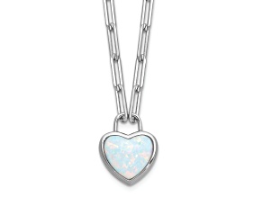 Rhodium Over Sterling Silver Lab Created Opal Heart Paperclip Link Necklace