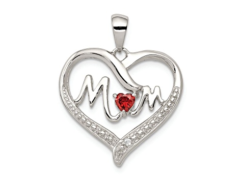 Rhodium Over Sterling Silver Red Cubic Zirconia Heart and White Cubic Zirconia Mom Heart Pendant