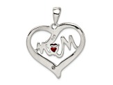 Rhodium Over Sterling Silver Red Cubic Zirconia Heart and White Cubic Zirconia Mom Heart Pendant