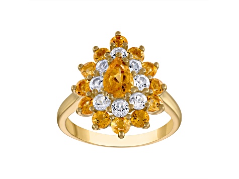 Citrine Double Halo 14K Yellow Gold Plated Sterling Silver Ring 3.41 ctw