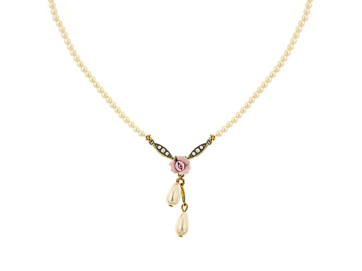 1928 Jewelry Gold Tone Base Metal Porcelain Rose Simulated Pearl Drop Necklace 16" Adj.