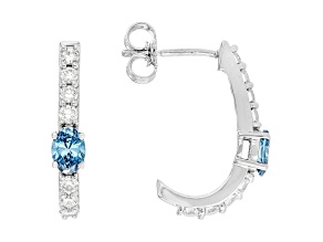 Blue And White Lab-Grown Diamond F-G SI Rhodium Over Sterling Silver J-Hoop Earrings 1.00ctw