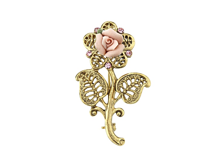 1928 Jewelry Gold-Tone Pink Crystal and Porcelain Rose Brooch