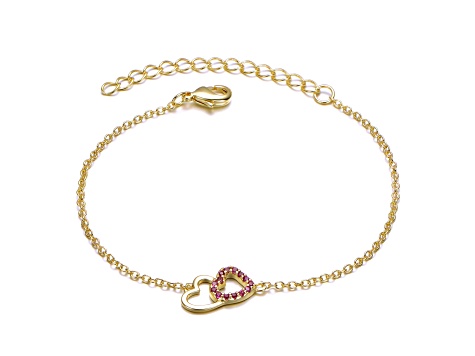 Ruby Red Cubic Zirconia,14k Gold Plated over Brass Double Heart Entwined Bracelet for Kids