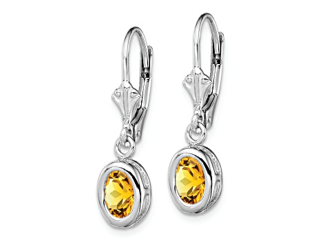 Sterling Silver Rhodium-plated 7x5mm Oval Citrine Leverback Earrings