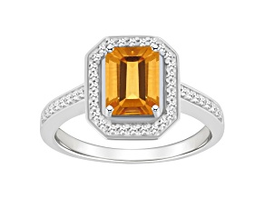8x6mm Emerald Cut Citrine 1/5 ctw Diamond Rhodium Over Sterling Silver Halo Ring