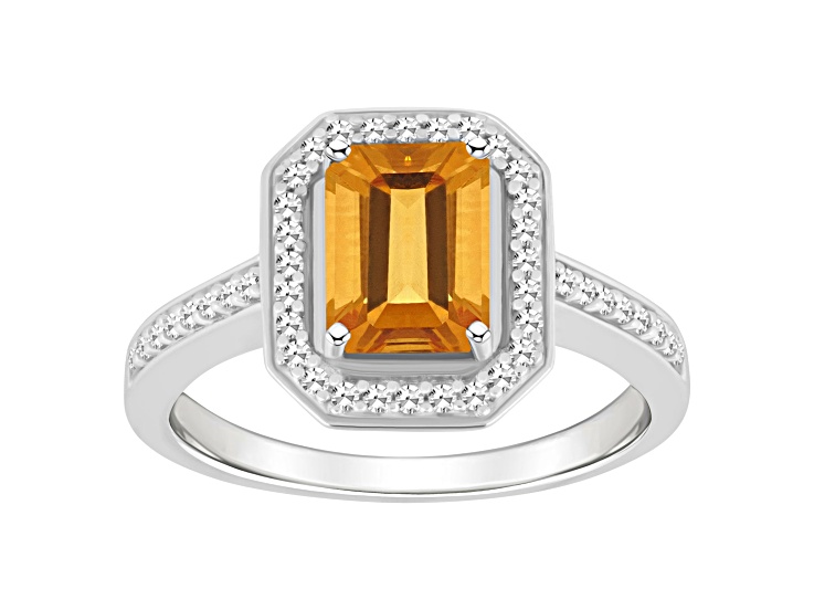 8x6mm Emerald Cut Citrine 1/5 ctw Diamond Rhodium Over Sterling Silver Halo Ring