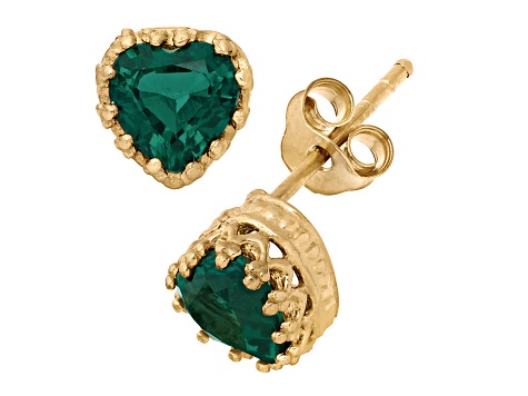 Green Lab Created Emerald 14K Yellow Gold Over Sterling Silver Heart Earrings 1.30ctw
