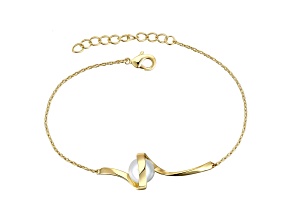 Single Simulated White Pearl, 14K Yellow Gold Plated over Sterling Silver Ribbon Cable Bracelet