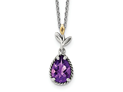 Sterling Silver Antiqued with 14K Accent Leaves Pear Amethyst with 2-inch Extension Necklace