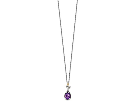 Sterling Silver Antiqued with 14K Accent Leaves Pear Amethyst with 2-inch Extension Necklace