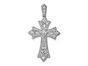 Rhodium Over 10k White Gold 0.17 ctw Diamond Fleur-de-Lis Cross Pendant