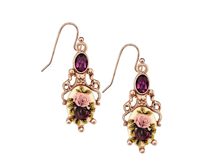1928 Jewelry Rose Gold-Tone Purple Crystal Flower Drop Earrings