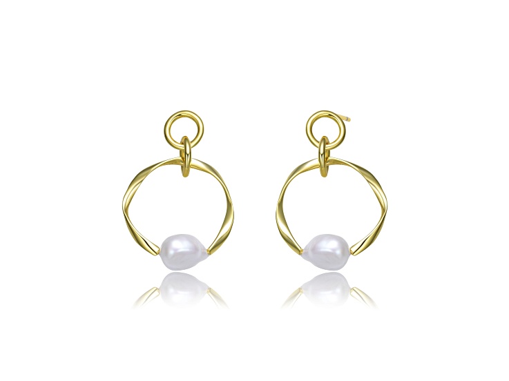 Genuine Freshwater Pearl, 14K Yellow Gold Plated over Sterling Silver Round Dangling Earrings