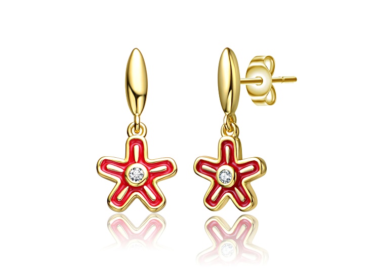 Clear Cubic Zirconia, 14k Gold Plated over Brass Red Enamel Dangle Star Flower Earrings for Kids