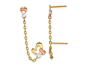 Picture of 14k Two-tone Cubic Zirconia Double Post with Chain Heart Earrings