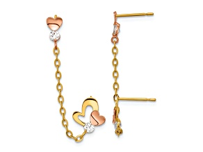 14k Two-tone Cubic Zirconia Double Post with Chain Heart Earrings
