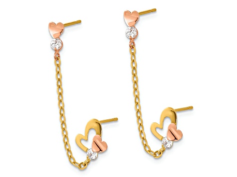 14k Two-tone Cubic Zirconia Double Post with Chain Heart Earrings