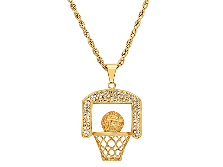 Men's 18K Gold Over Stainless Steel and Cubic Zirconia Basketball Pendant With Chain
