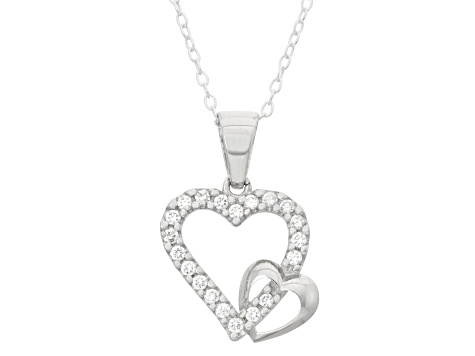 White Cubic Zirconia Rhodium Over Sterling Silver Children's Heart Pendant With Chain 0.58ctw