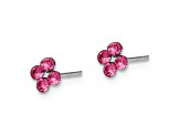 Rhodium Over Sterling Silver Pink Crystal Flower Post Earrings