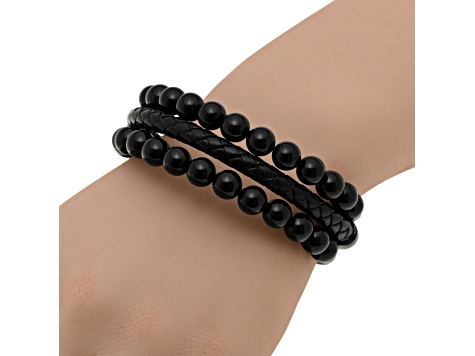 Stainless Steel, Leather, and Onyx Bead Bracelet