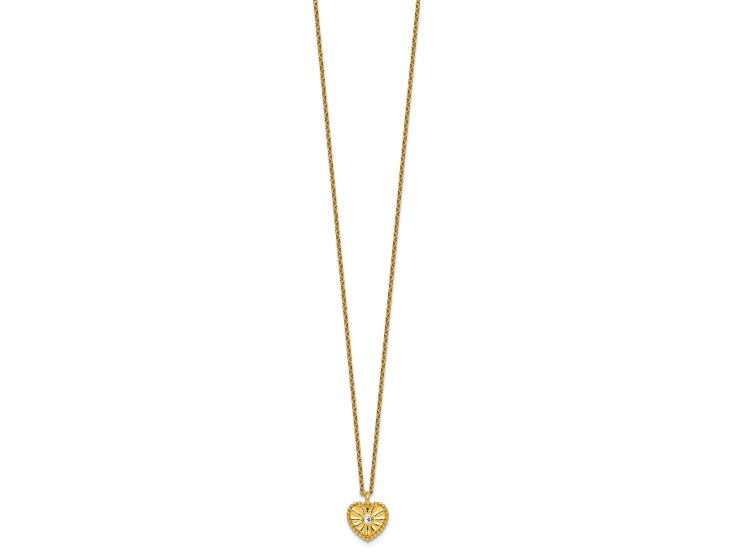 10K Yellow Gold Over Sterling Silver Textured Cubic Zirconia Heart 16-inch w/ 2" Extension Necklace