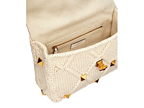 Valentino Garavani Roman Stud Large Shoulder Bag Ivory Knit