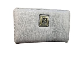 Stone Mountain Cornwall Pebble Leather Large Double Zip Around Wallet with Wristlet Strap Gray Black