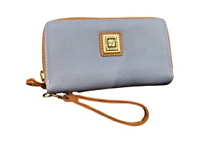 Stone Mountain Cornwall Pebble Leather Large Double Zip Around Wallet/ Wristlet Strap Denim Color