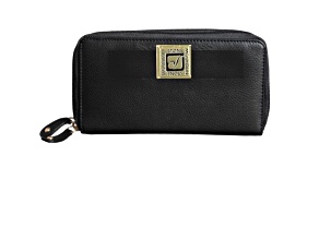 Stone Mountain Cornwall Pebble Leather Large Double Zip Around Wallet with Wristlet Strap Black