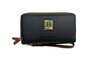 Stone Mountain Cornwall Pebble Leather Large Double Zip Around Wallet/Wristlet Strap Black Tan