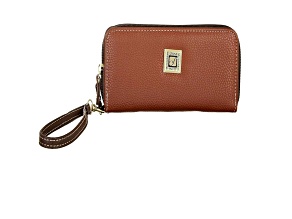Stone Mountain Cornwall Pebble Leather Large Double Zip Around Wallet with Wristlet Strap Cognac
